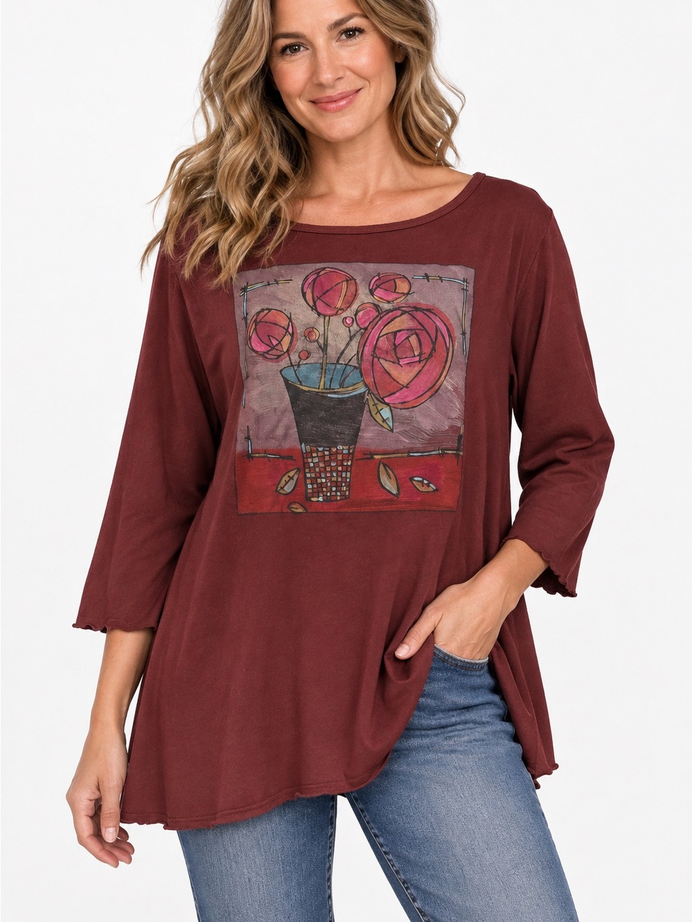 Blue Fish Handprinted Organic Cotton Long Sleeve Size 1 Lagenlook Art To Wear